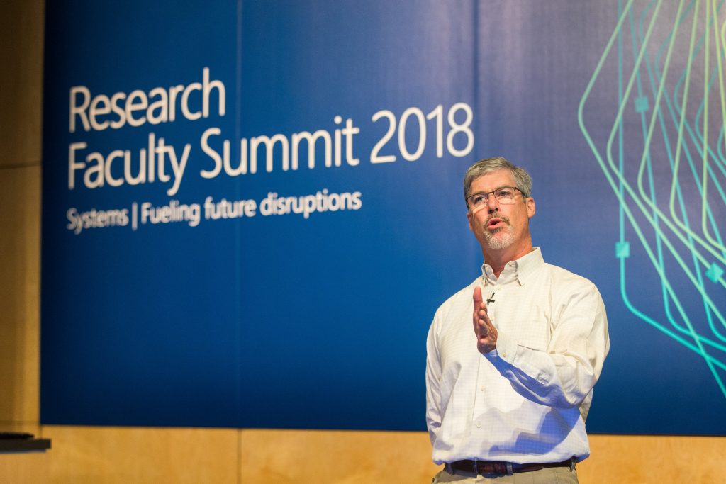 Sandy Blyth, Managing director for Microsoft Outreach, addresses attendees of Faculty Summit 2018.