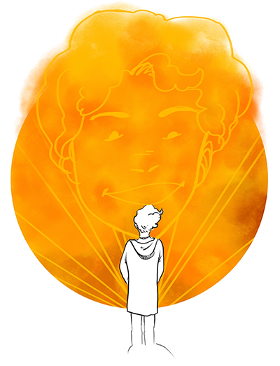 Foreground: The back of a person looking at a large orange image. Background: A large orange image with a face traced in the color