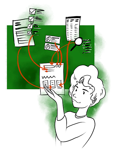 A cartoon image of a person juggles several paper like documents that are connected by red lines