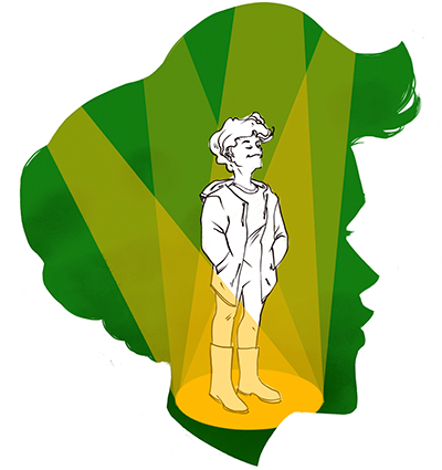 Background: Green and yellow silhouette of a person's facial profile. Foreground: The same person stands within their silhouette 