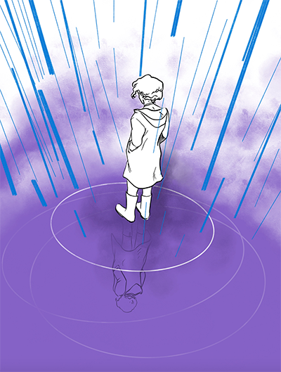 A drawing of a person stands in a purple circle, streaks of blue colors surround them