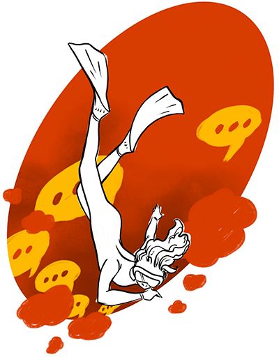 A drawing of a woman snorkeling in a large red and orange circle