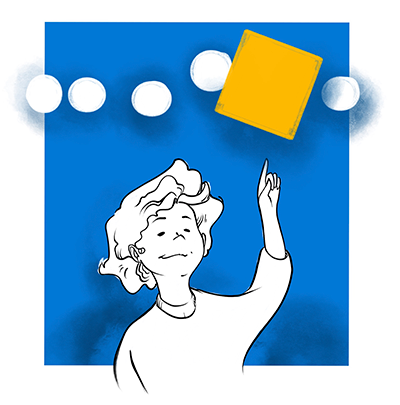 Sketch of a person reaching up to an orange block. Blue background.