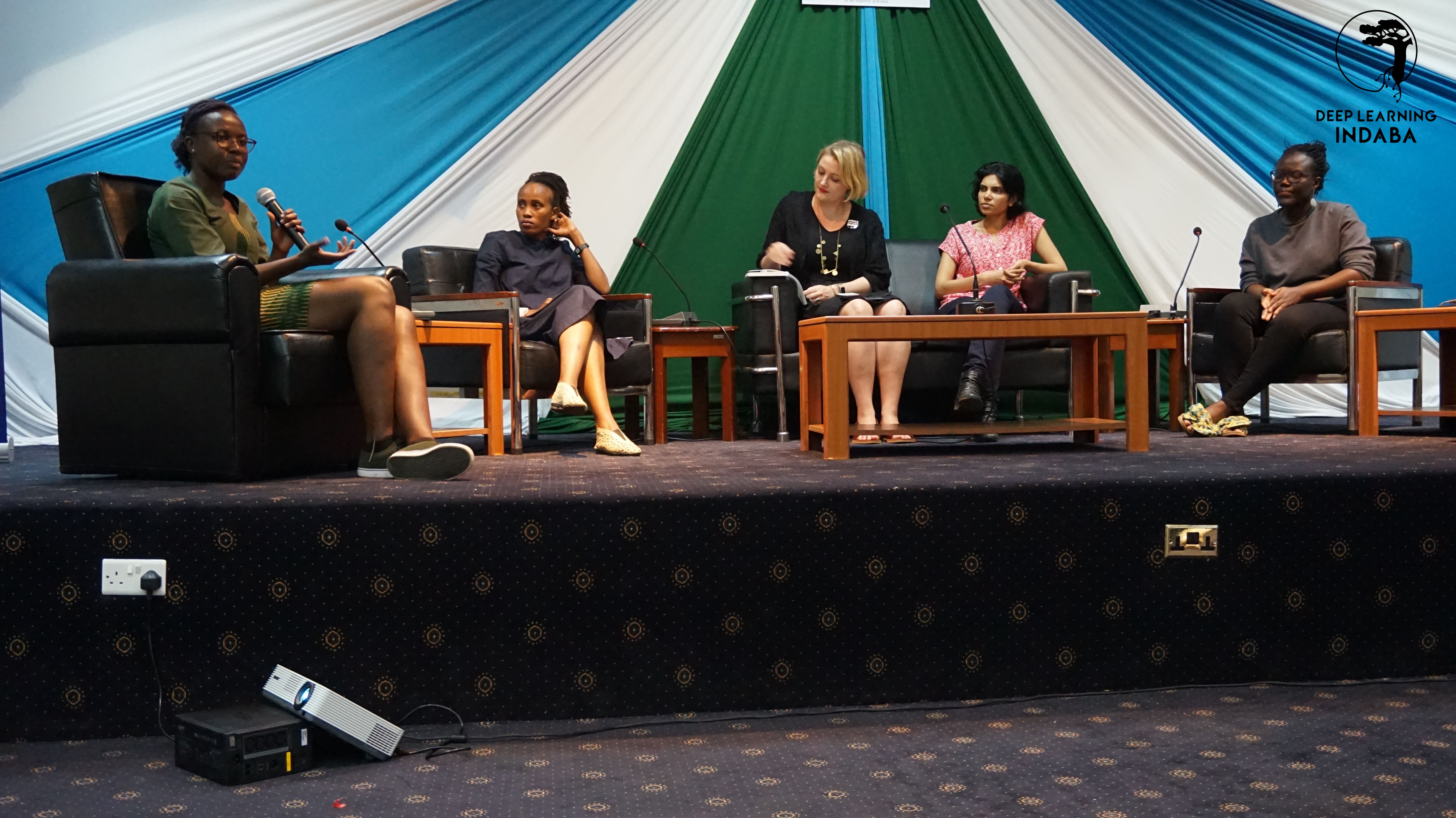 From left to right: Kathleen Siminyu, Grace Mutung’u, Tempest van Schaik, Pashmina Cameron, and Adji Dieng speak about their professional journeys and share advice with attendees during a panel on women in AI during Deep Learning Indaba 2019. Photo credit: Raesetje Sefala and Deep Learning Indaba