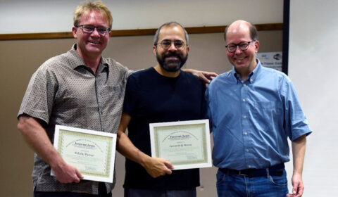 Microsoft researchers Nikolaj Bjørner (left) and Leonardo de Moura (center) received the 2019 Herbrand Award for Distinguished Contributions to Automated Reasoning in recognition of their work in advancing theorem proving. They’re pictured with Jürgen Giesl (right) of the award committee.