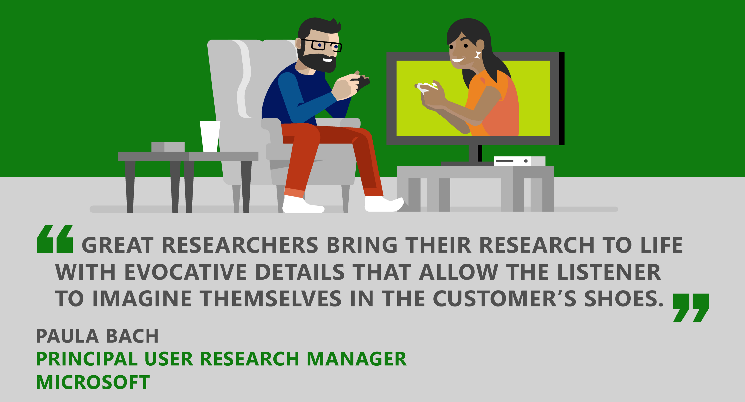 Graphic artwork: One male sits in a chair on his phone. Opposite him is a woman who is typing back, out of a computer screen. Below a quote from the author reads: Great researchers bring their research to life with evocative details that allows the listener to imagine themselves in the customer's shoes.