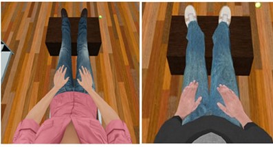 Two examples of a first-person point of view if a user were looking down at their avatar bodies.
