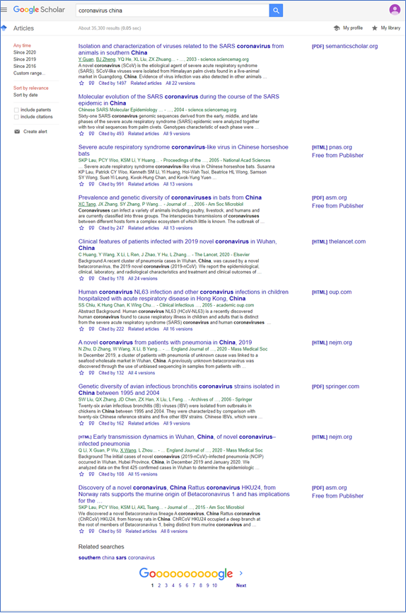 Google Scholar papers on Coronavirus