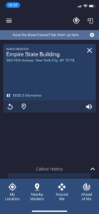 Microsoft Soundscape Home screen showing an audio beacon set on the Empire State Building