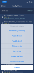 Screenshot illustrating the 5 additional filters in Soundscape: Public Transit, Food & Drink, Things to Do, Groceries, and Banks & ATMs