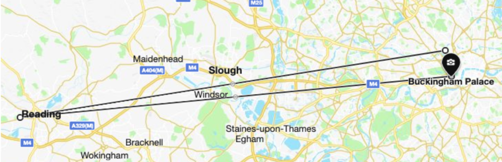 screen shot of roadmap from Reading to Buckingham Palace