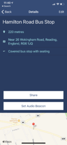 Screenshot of a Marker’s details page. The Marker is for ‘Hamilton road bus stop’ and the annotation reads “covered bus stop with seating”. There is the option to share this Marker, or to Set and Audio Beacon on it