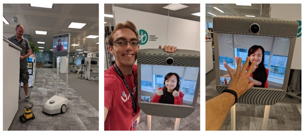 A series of three photos chronicling Sunny Zhang’s tour of the Microsoft Research Cambridge lab via telepresence robot.