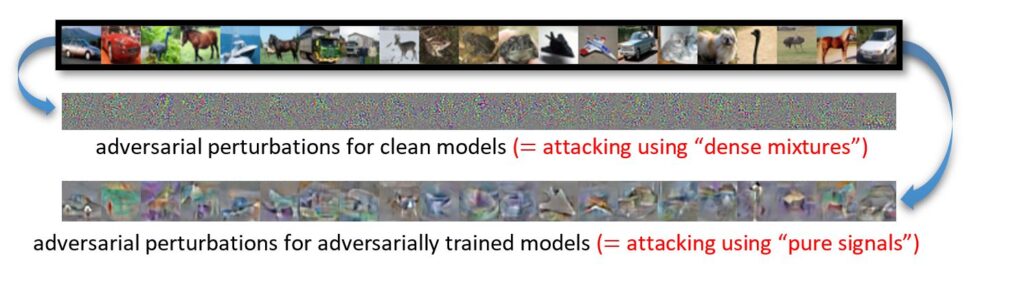 A row of the CIFAR-10 images, various animals and vehicles. An arrow from this row points to a row below that, a row of abstract, multicolored dots. Caption for this row reads: adversarial perturbations for clean models (= attacking using “dense mixtures”). An arrow also points from the CIFAR-10 image set to another row below, which shows the same images that are slightly blurred and gray, representing adversarial training. Caption for row reads: adversarial perturbations for adversarially trained models (= attacking using “pure signals”).