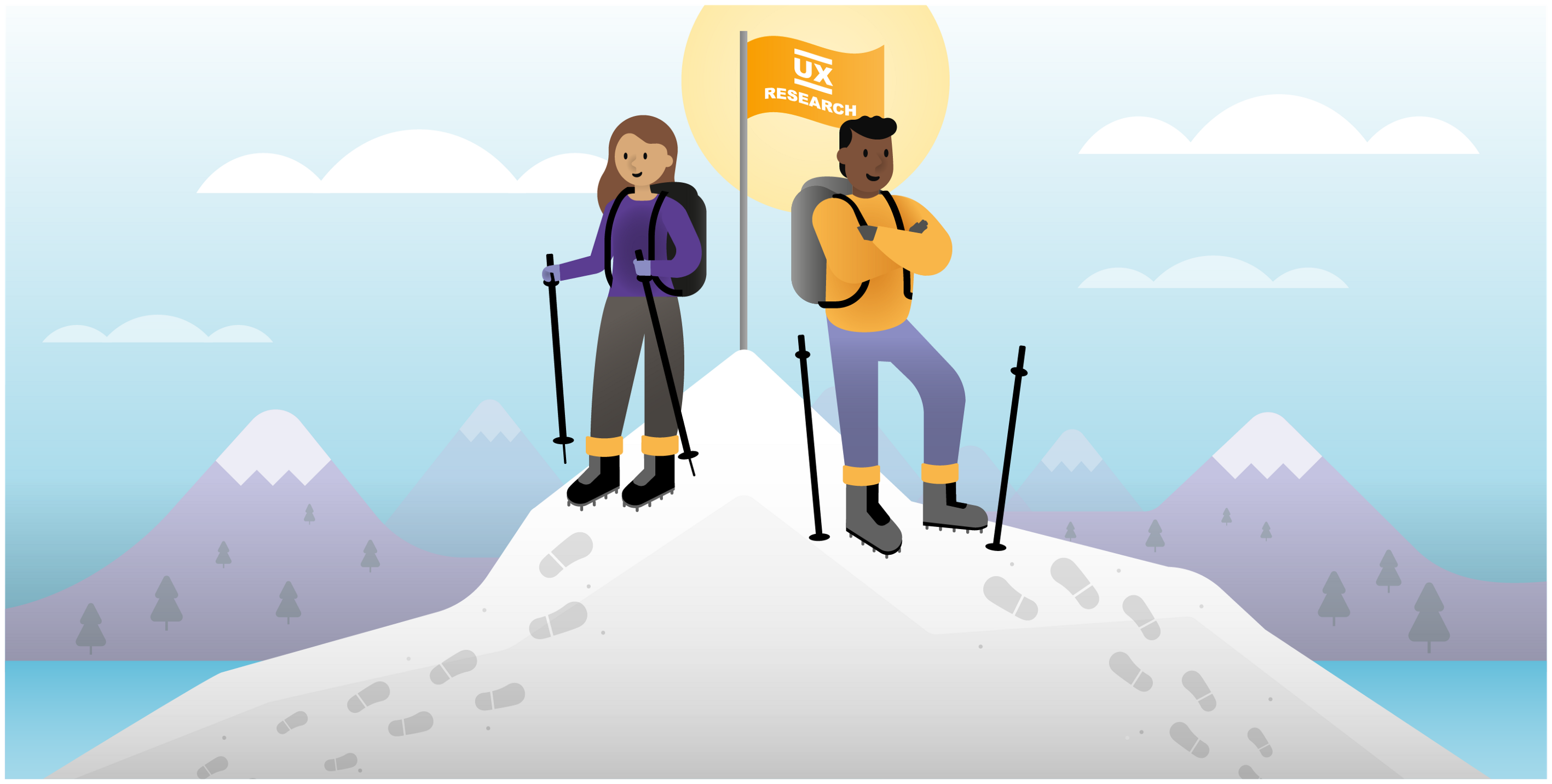 Graphic artwork: Two people, one male and one female, stand on top of a mountain in hiking clothes. Behind them stands a flag that says UX research