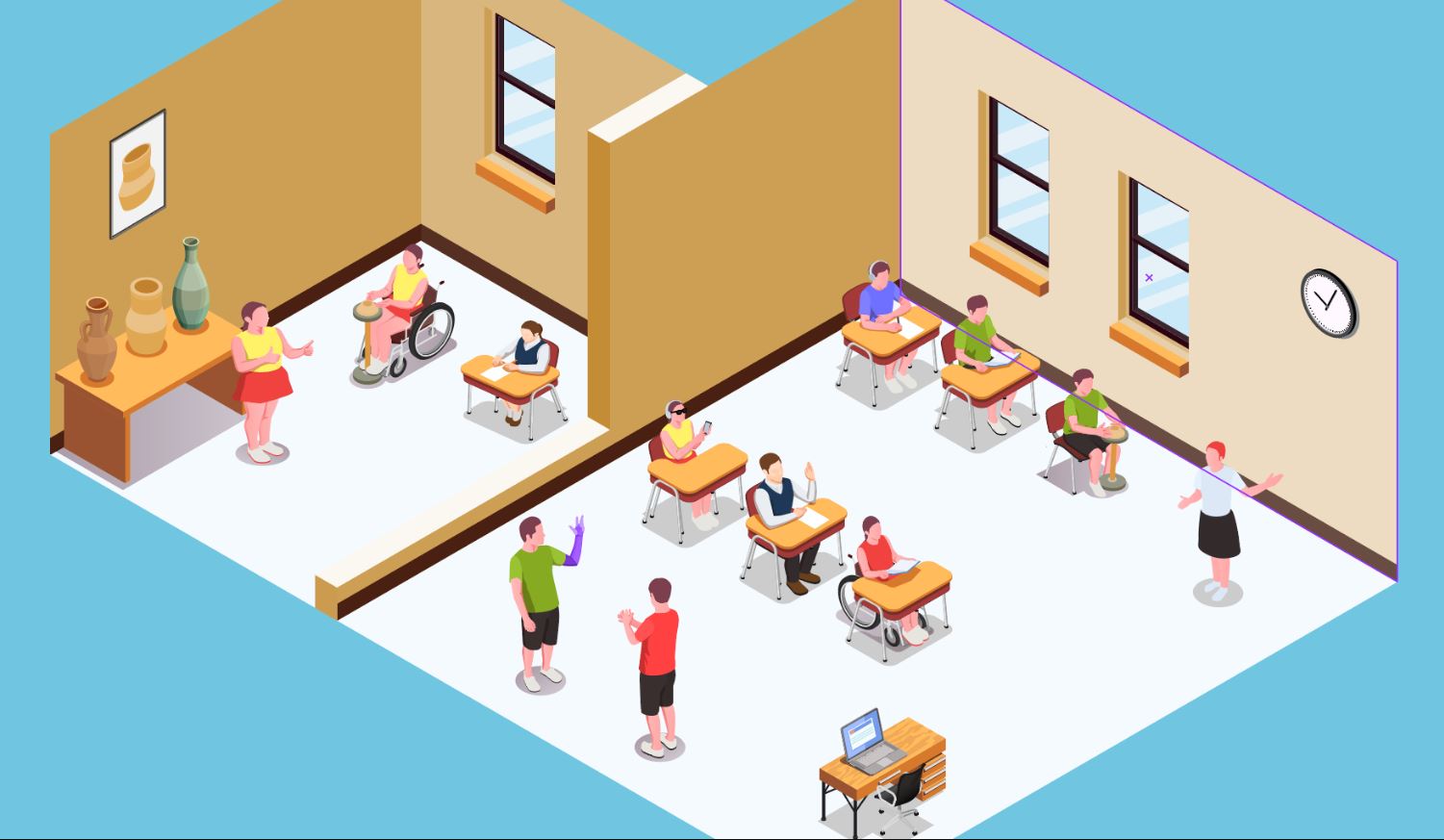Graphic art of two classrooms with students and teachers