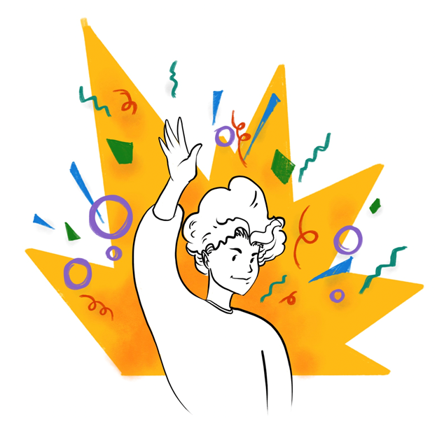 Cartoon image with young person raising their right hand. Background is graphic image of shapes and design of various colors.