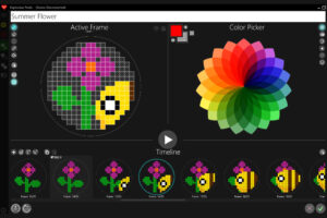 Expressive Pixels: editing screen showing frames of the bee and flower animation