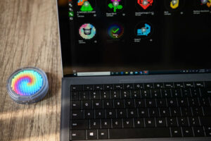 Expressive Pixels: photo of animated Sparklet next to laptop