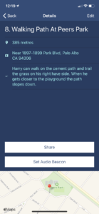 Screenshot of the Marker details page for a Marker set on a walking path in a local park with a description of how to navigate the path and how it slopes