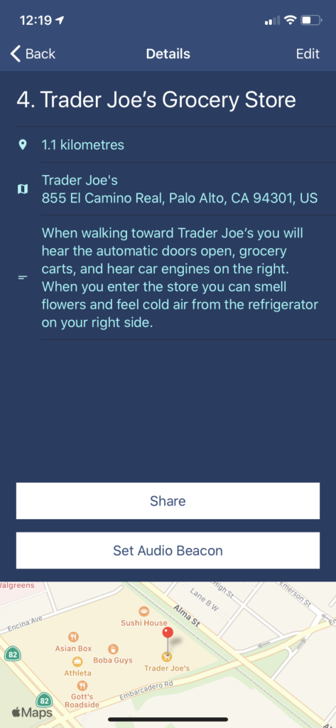 Screenshot of the Marker details page for a Marker set on Trader Joe’s Grocery Store with a description of the sounds and smells you’d experience as you approach and enter the store