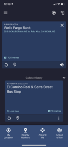 Screenshot of the Soundscape home screen showing an Audio Beacon set on Wells Fargo Bank and a recent callout for a bus stop