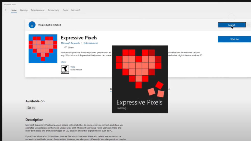 screenshot of Expressive Pixels launch from Microsoft Store for Windows