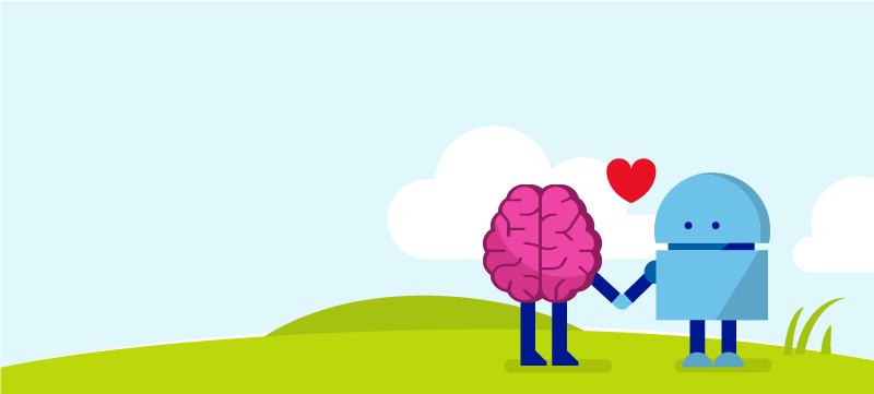 A brain holding hands with a robot, and a heart between them