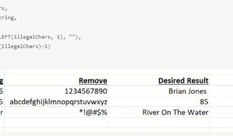 In this example, a LAMBDA function called REPLACECHARS repeatedly calls itself until every unwanted character has been removed.