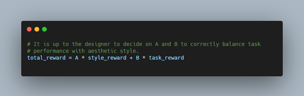 A screenshot with the equation total_reward = A * style_reward + B * task_reward.  