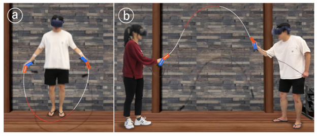 Figure 3: The controllers open doors for many user experiences, such as jumping rope held by (a) one or (b) two people
