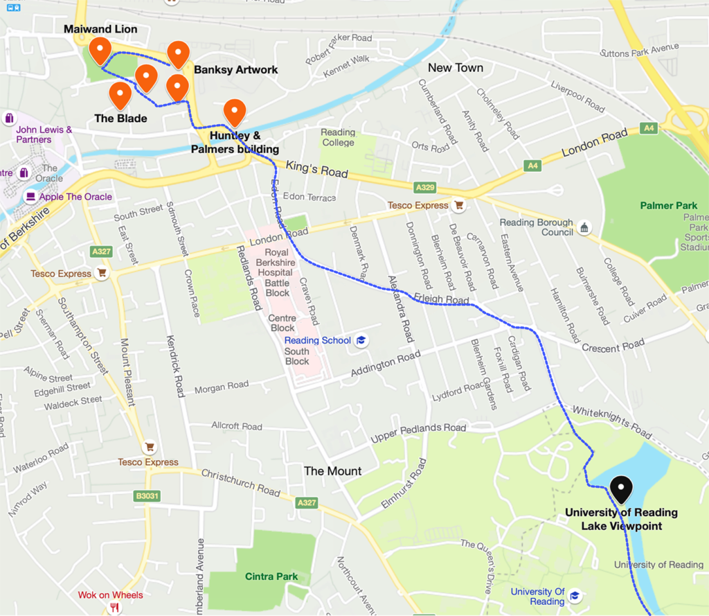 a map of Reading showing the route walked and where the various landmarks are relative to each other. Most of the landmarks are near the Banksy Artwork but the lake is further away