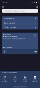 screenshot of the Soundscape home screen with a beacon set on the Banksy Artwork 330m away