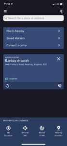 screenshot of the Soundscape home screen with a beacon set on the Banksy Artwork which is Nearby