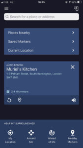 Screenshot of the Soundscape home screen with the Audio Beacon, set on Muriel’s kitchen, 2.4km away