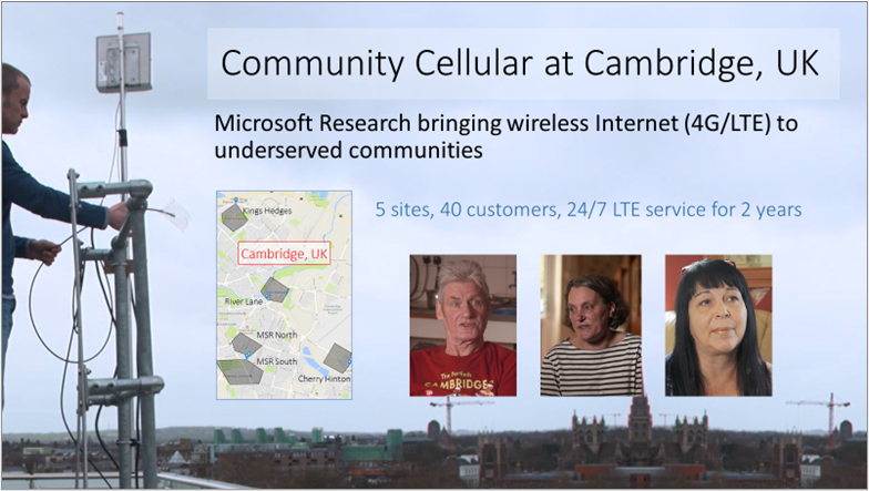 Community Cellular at Cambridge, UKPicture of a cellular tower installation with a map showing the network location in Cambridge, UK, plus pictures of three customers