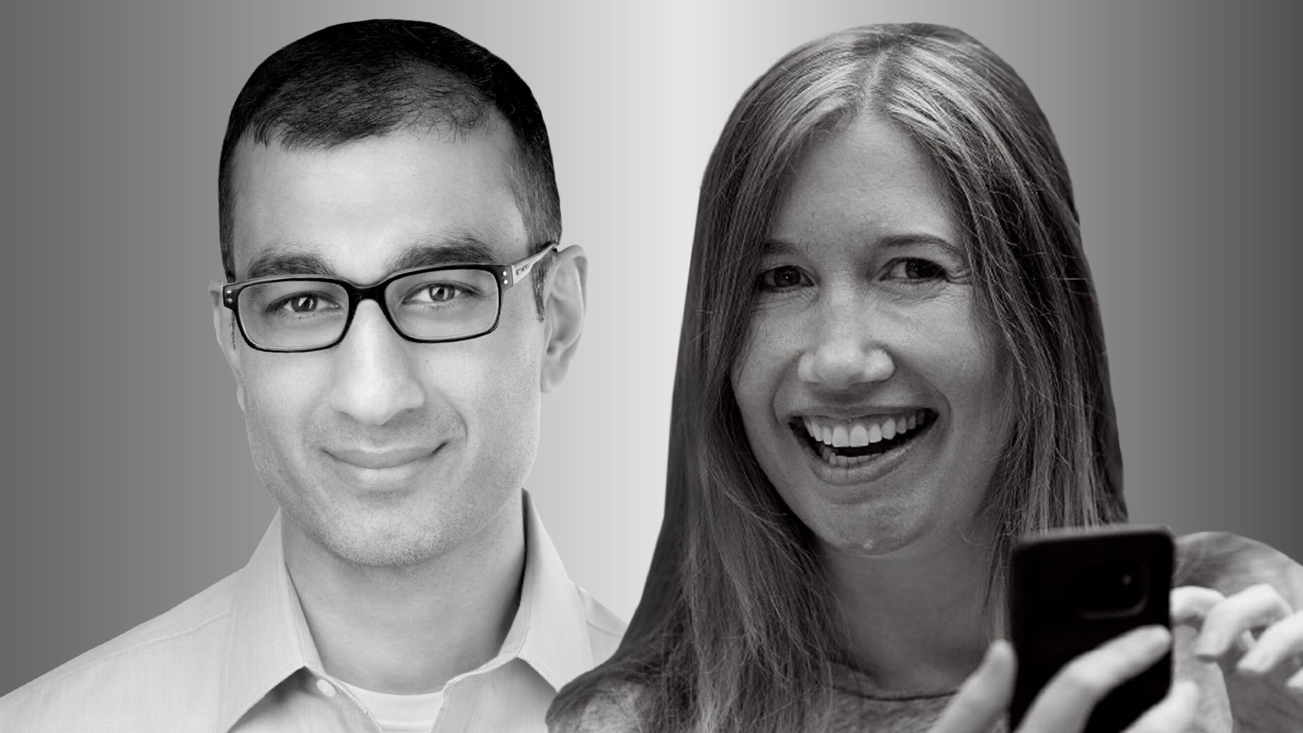 Portraits of Microsoft researchers Sid Suri and Jaime Teevan photographed in black and white. Both smile and look forward. Teevan, on the right, is holding a cell phone in the lower right of the frame.