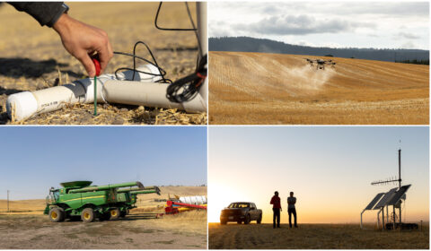 A set of four photos showing scenes from a farm. 1) Two people stand in a field by a pickup truck and a small structure with solar power arrays and an antenna. 2) A hand sets a small metal and plastic sensor into the ground. 3) An aerial drone sprays a light colored powder above a crop field. 4) Harvesting trucks and other farm equipment on a gravel road next to rolling hills.