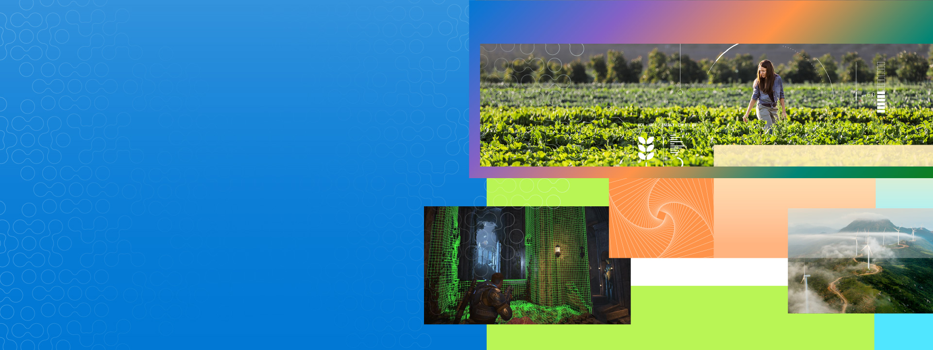 Research for Industry header: agri-food, energy, gaming image collage