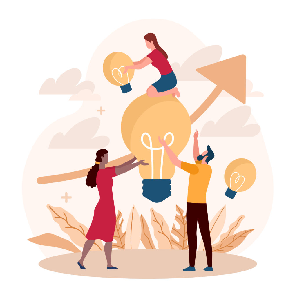 illustration of people lifting up a large light bulb