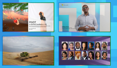 Collage of four images. 1) a VR haptic pivot device 2) Ashley Lorens of Microsoft Research 3) an image of tractor on a farm 4) image of Race and Technology lecture series speakers.