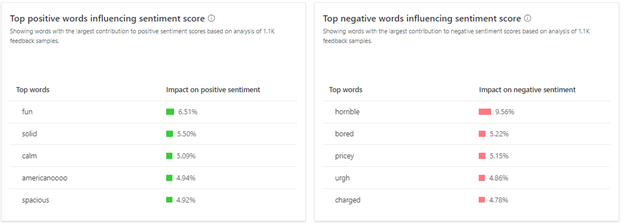 Record level explainability information generated by the Sentiment analysis model.