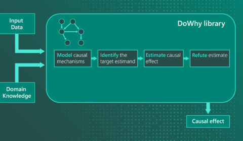 A flowchart showing the DoWhy library process. Input Data and Domain Knowledge are injected into the library, where they go through four steps: Model causal mechanisms; Identify target estimands; Estimate causal effect; and Refute estimate. The process produces the output labelled Causal effect.