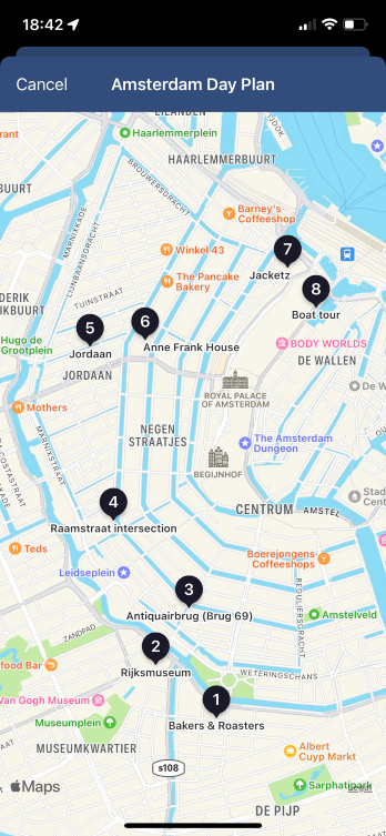 Soundscape - A screenshot of a map view of the Route with each of the markers displayed as a pin on the map. The first being in the south of Amsterdam, and the final one being in the north.