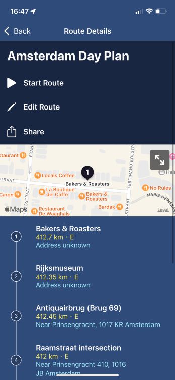 Soundscape - a screenshot of the Amsterdam Route details screen within Soundscape, showing the name of the Route, options to start, edit and share, along with a list of the waypoints.