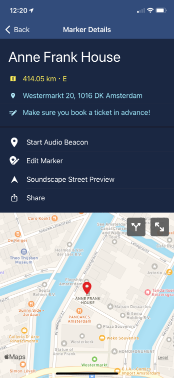 Soundscape - Screenshot of the Marker details page for the Anne Frank House, showing the name, distance, and the location on the map.