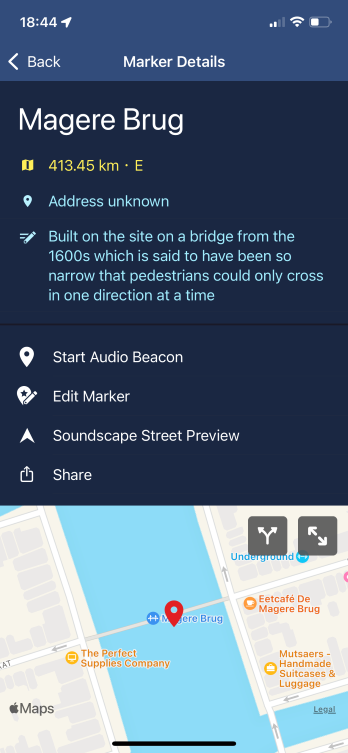 graphicaSoundscape - app screenshot showing a Marker for Magere Brug