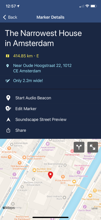 Soundscape - Screenshot of the Marker details page for the Narrowest House in Amsterdam Marker, showing the name, distance, and the location on the map. The description reads “Only 2.2m wide!”.