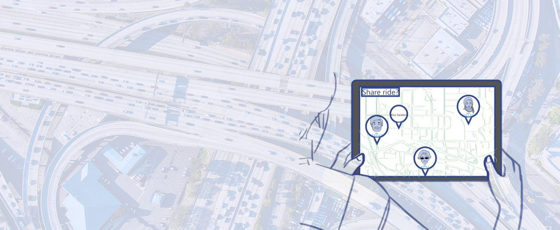 transportation innovation - illustration of a ride share app overlaid on a aerial view of a busy freeway system