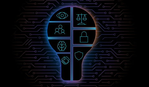 A lightbulb-shaped image, set against a background that represents computer circuitry, is divided into seven sections, with a small research-related icon in each section. Moving clockwise from upper right to upper left, the seven icons are a set of scales, a padlock, a badge, two hands clasped in a handshake, a human brain, a group of three people, and a human eye.